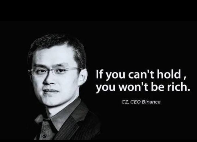 A black-and-white image shows Changpeng Zhao (CZ), CEO of Binance, with the quote: “If you can’t hold, you won’t be rich.” The accompanying post presents this as a wise investing lesson.
