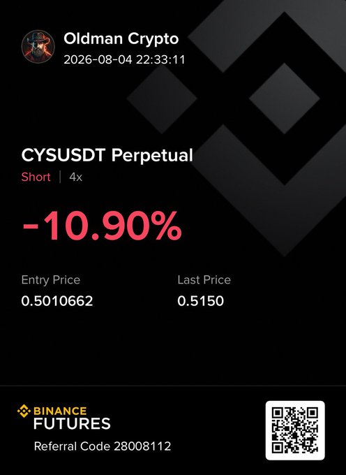 The image shows a Binance Futures position card for "Oldman Crypto" displaying a short position on CYSUSDT Perpetual at 4x leverage with a -10.90% loss, entered at 0.5010662 with a last price of 0.5150. This aligns with the post's mention of a small-size short on $CYS, as the negative percentage and price movement (entry lower than last price) indicate the short position is currently underwater.