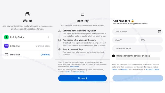 A screenshot of a payment/wallet interface showing options for 'Link by Stripe', 'Shop Pay', 'Meta Pay', and an 'Add new card' form for card details.