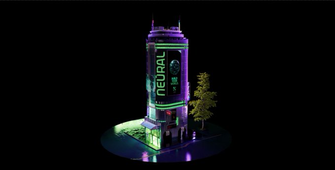 A futuristic neon-lit tower building labeled "NEURAL" with green and purple lighting, situated on a circular platform with a small tree beside it against a black background.