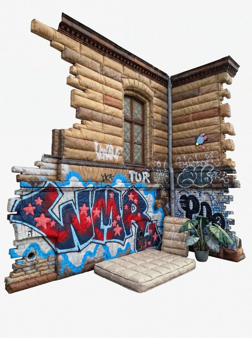 A 3D-rendered corner of a dilapidated brick building wall covered in graffiti, including the word "WAR" in red and blue lettering, with a small mattress and potted plant on the floor.