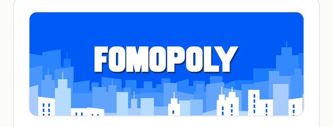 A blue-and-white card with the large centered word “FOMOPOLY” over a stylized city skyline graphic.