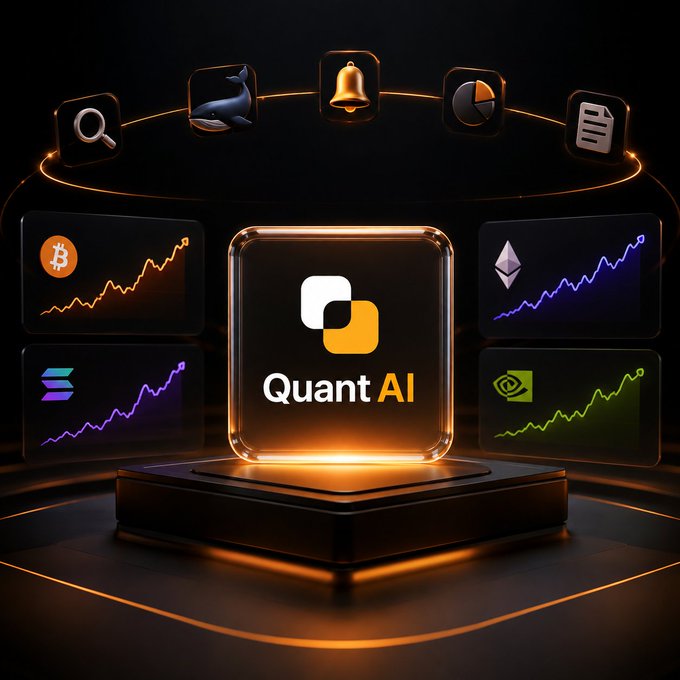 A futuristic, glowing 3D graphic for 'Quant AI' displayed on a pedestal, surrounded by floating icons and upward-trending crypto charts for Bitcoin, Ethereum, and Solana.