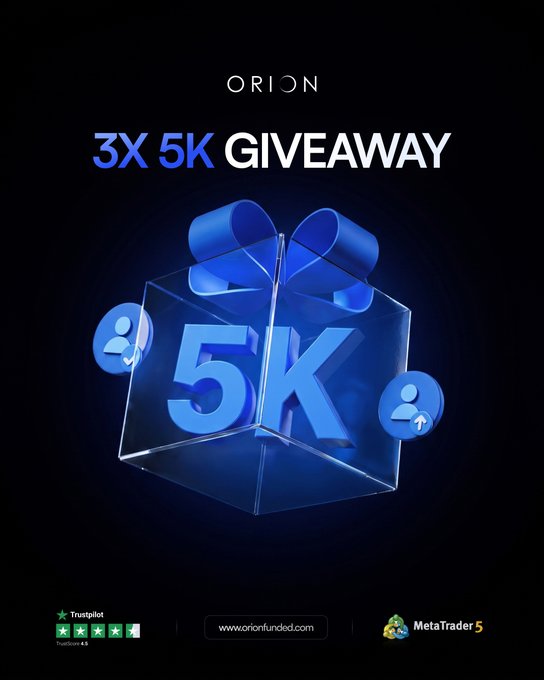A promotional poster for 'ORION' advertising a '3X 5K GIVEAWAY' with a blue 3D gift box displaying '5K,' featuring Trustpilot rating and MetaTrader 5 logo.