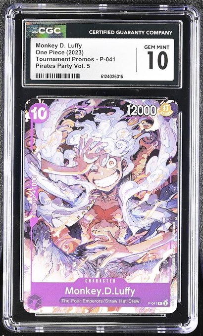 A CGC-graded Gem Mint 10 trading card of Monkey D. Luffy from the One Piece TCG (2023) Tournament Promos, featuring Pirates Party Vol. 5 artwork.