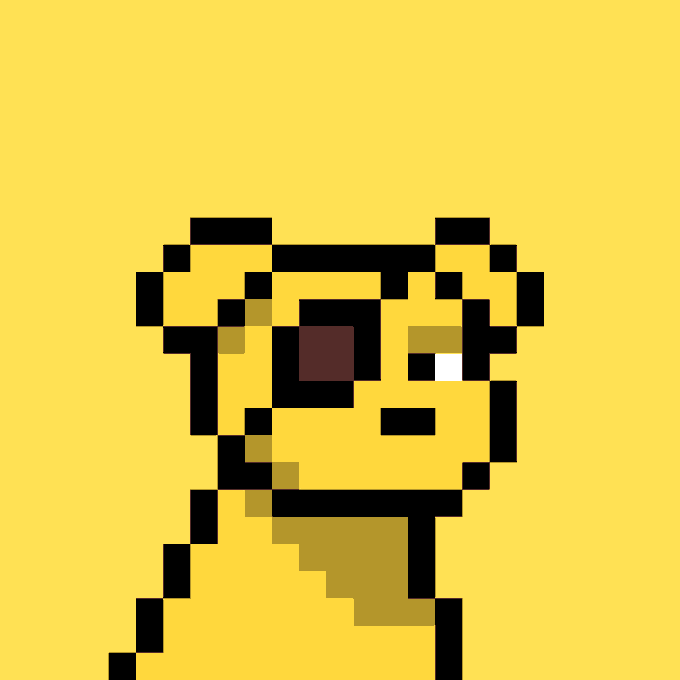 A pixel art dog with a dark eyepatch over one eye is displayed on a yellow background, illustrating the rare trait highlighted in the accompanying post about the Doginal Dogs NFT collection. The simple, blocky design emphasizes the eyepatch as the focal feature, matching the post's note that fewer than 1% of these dogs possess this distinctive characteristic.
