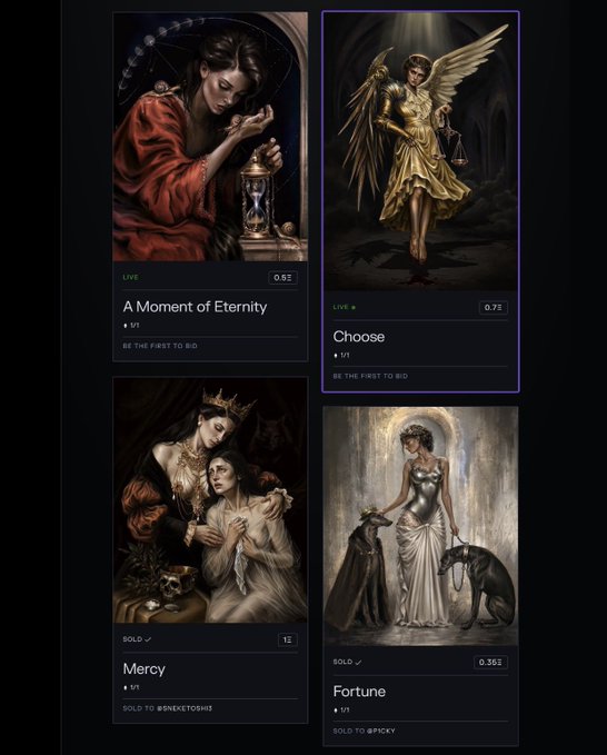 The image shows a digital art marketplace featuring four artwork cards, including "A Moment of Eternity" (LIVE, 0.8Ξ), "Choose" (LIVE, 0.7Ξ), "Mercy" (SOLD, 1Ξ), and "Fortune" (SOLD, 0.55Ξ), all depicting classical figurative paintings of ethereal female figures. This serves as an example of the curated artwork showcased on Transient Labs, illustrating the type of gallery pieces collectors can engage with using QP (Quick Post) interactions as prompted by the post.