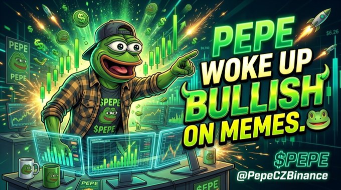A Pepe the Frog meme artwork with text 'PEPE WOKE UP BULLISH ON MEMES' and the ticker '$PEPE @PepeCZBinance' in the corner.