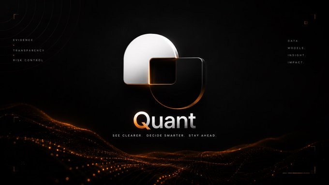 The image is a sleek, dark promotional graphic for "Quant" featuring a stylized metallic "Q" logo with the tagline "SEE CLEARER · DECIDE SMARTER · STAY AHEAD," flanked by words like "EVIDENCE," "TRANSPARENCY," "RISK CONTROL," "DATA," "MODELS," "INSIGHT," and "IMPACT." It visually represents the @tryquantio platform being described—a tool that replaces the chaos of opening Twitter, checking multiple charts, and sifting through headlines with a clear, data-driven view of crypto movements like ETH.
