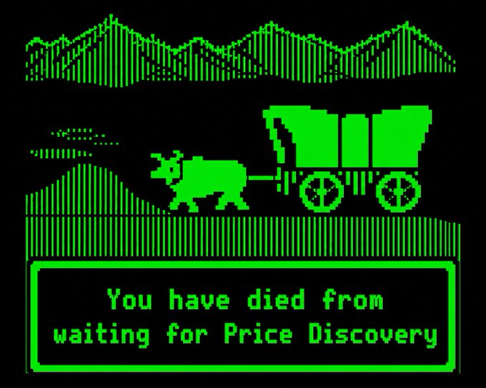 A retro-style green pixelated image mimicking the classic "Oregon Trail" game, showing an ox-drawn covered wagon traveling through mountainous terrain. Below the scene is a text box reading "You have died from waiting for Price Discovery," humorously referencing the long delays XRP holders have endured waiting for the SEC vs. Ripple case outcome and potential price catalysts.