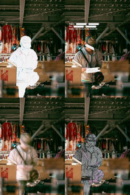 A 2x2 grid showing four camera filter previews of a person in a hoodie holding a box in a warehouse, displaying effects like overexposure, normal, blurred face, and grayscale.