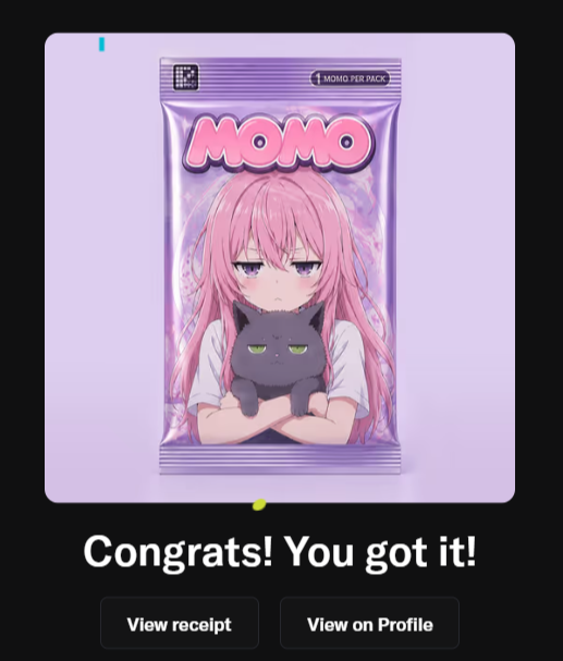The image shows a digital collectible card titled "MOMO" featuring a pink-haired anime girl holding a black cat, displayed on a "MOMO PER PACK" wrapper with "Congrats! You got it!" text below. This represents the user's excitement about minting a new collectible featuring the character Momo, tagging the artists @momoyumemi and @cutemikaasa who created the artwork.