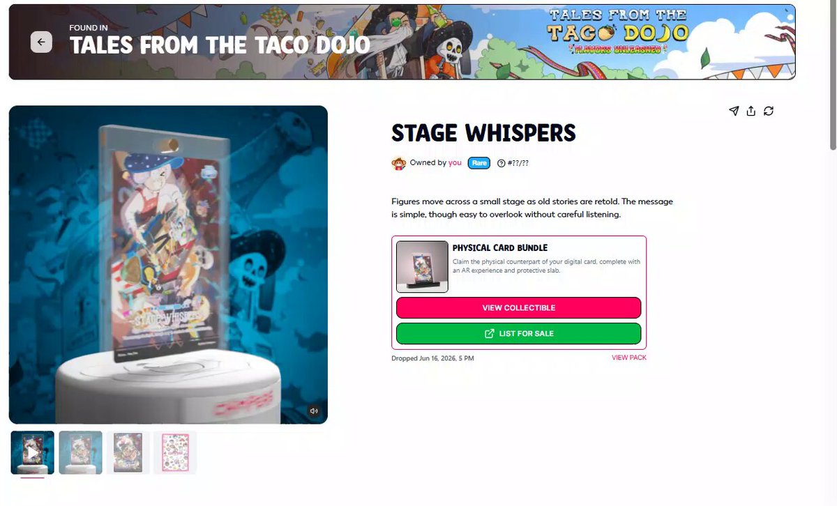 The image shows a page of a store called "Stage Whisperers" for digital collectibles with character cards. It appears that there are two types of these collectibles - one with music, another featuring AR experiences. The focus on these digital items is interesting and provides users with various options beyond traditional trading card games.