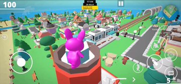A mobile game screenshot showing a pink character standing on a tower overlooking a colorful town with various buildings, vehicles, and UI elements visible.