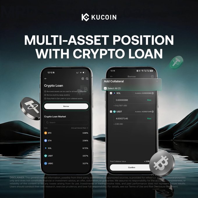 The image shows two cell phones side by side with a message about cryptocurrency lending positions. The phones are positioned so that they face each other, displaying the same information. The text on the phones reads "Multi-Asset position with Crypto Loan", which is related to the crypto lending positions in the image.