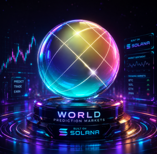 A promotional graphic for 'WORLD PREDICTION MARKETS' built on Solana, featuring a glowing crystal ball, trading charts, and panels for 'PREDICT TRADE EARN' and trending markets like BTC, SOL, ETH, and RWA.