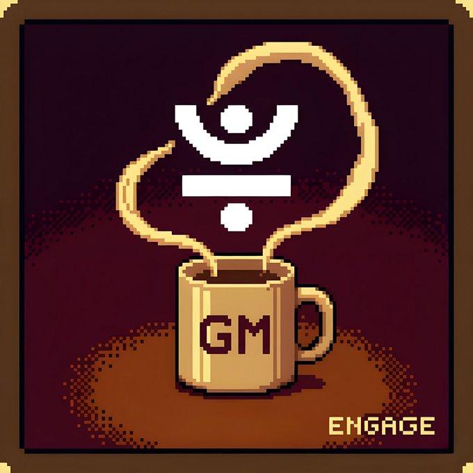 A pixel-art style image shows a steaming coffee mug labeled "GM" with an eye-in-symbol design rising as steam, captioned "ENGAGE" in the corner, symbolizing the "Good Morning" crypto greeting culture associated with community engagement on projects like JUST DAO.