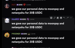A screenshot of a Discord chat where users repeatedly message 'we gave our personal data to moonpay and netanyahu for 20$ USDC'.