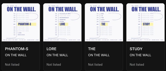 Four 'ON THE WALL' style NFT/trading card displays side by side, each titled 'MY BAND IS ON THE WALL' and labeled 'PHANTOM-S', 'LORE', 'THE', and 'STUDY' respectively, all marked as 'Not listed'.