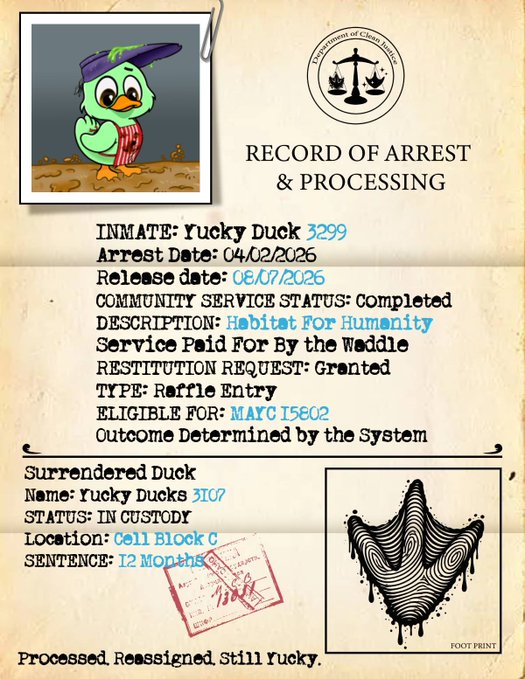 A humorous 'RECORD OF ARREST & PROCESSING' document from the Department of Clown Politics features a cartoon duck inmate named 'Yucky Duck 3299,' detailing arrest dates and community service, with a stylized dripping footprint.