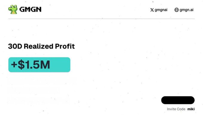 A screenshot from GMGN (@gmgn.ai) displays a "30D Realized Profit" of +$1.5M, supporting the caption about having a good month and expressing gratitude for the significant gains.