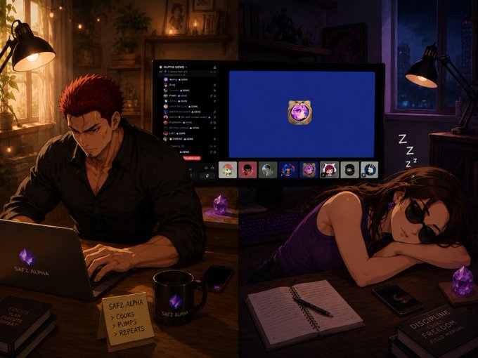 Anime-style illustration divided into two scenes showing a man working intensely on a laptop and a woman sleeping, both using the 'SAF.ALPHA' platform, with Discord interface elements visible.