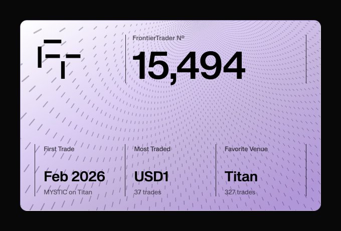 A digital card displaying 'FrontierTrader N° 15,494' with details: 'First Trade: Feb 2026 (MYSTIC on Titan)', 'Most Traded: USD1 (37 trades)', and 'Favorite Venue: Titan (327 trades)' on a purple halftone background.