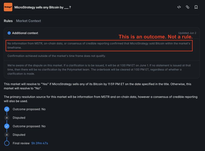 The image features a screenshot of an email with a post discussing the MSTR market resolution from an opposing viewpoint. The email focuses on the fact that due to the change made by Polymarket, the outcome will be closed.