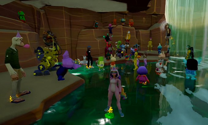 A colorful gathering of various cartoon-style avatars—including characters with pink noses, bunny ears, and horns—dance and socialize near a glowing waterfall and pool within a vibrant, otherworldly digital landscape. The lively scene captures the social atmosphere of the OthersideMeta virtual world, reflecting the post's call for a Sunday waterfall dance party with friends and a DJ spinning tunes.