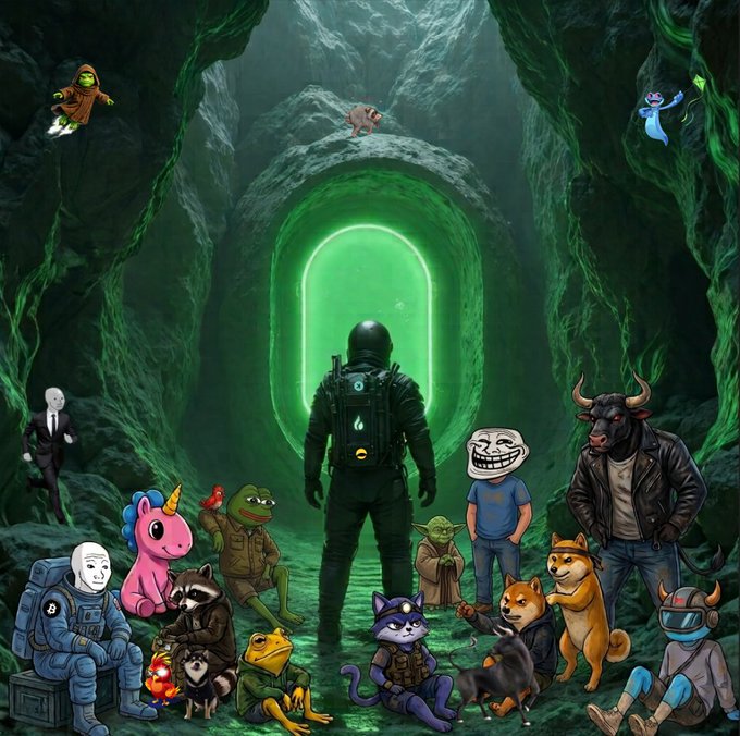 A central suited figure stands before a glowing green portal in a dark cave, surrounded by an eclectic cast of internet meme characters including Pepe the Frog, Shiba Inu (Dogecoin), a minotaur in a leather jacket, Yoda, and a trollface, as if awaiting their turn to step through the mystical gateway.