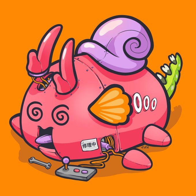 A colorful cartoon illustration of a round, pink and red snail-like creature with a purple shell, playing a video game with a joystick against an orange background; it has a sign reading '修理中' (Under Repair).