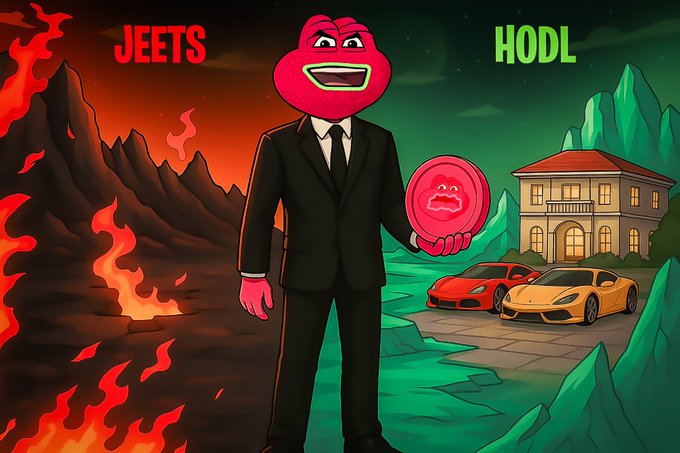 A pink cartoon character in a suit stands at a crossroads, holding a worried meme coin, split between a fiery "JEETS" wasteland on the left and a green "HODL" paradise with mansions and sports cars on the right—visually representing the post's message of choosing $JYAI diamond hands over selling out.