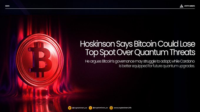 A Crypto News article headline reading 'Hoskinson Says Bitcoin Could Lose Top Spot Over Quantum Threats,' featuring a red Bitcoin coin graphic and noting Cardano is better equipped for future quantum upgrades.