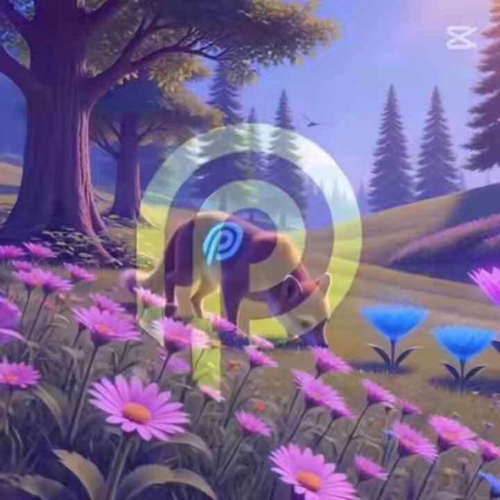 The image features a beautiful scene of a dog grazing in a field with purple flowers, surrounded by trees. There are also blue flowers present in the field. The photo has been edited to include a watermark that reads "Glorious morning @PythNetwork".