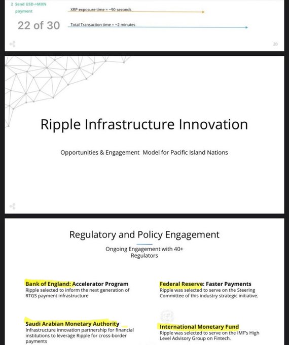 A presentation slide deck titled 'Ripple Infrastructure Innovation' with subtitle 'Opportunities & Engagement Model for Pacific Island Nations,' including sections on 'Regulatory and Policy Engagement' highlighting partnerships with the Bank of England, Federal Reserve, Saudi Arabian Monetary Authority, and IMF.