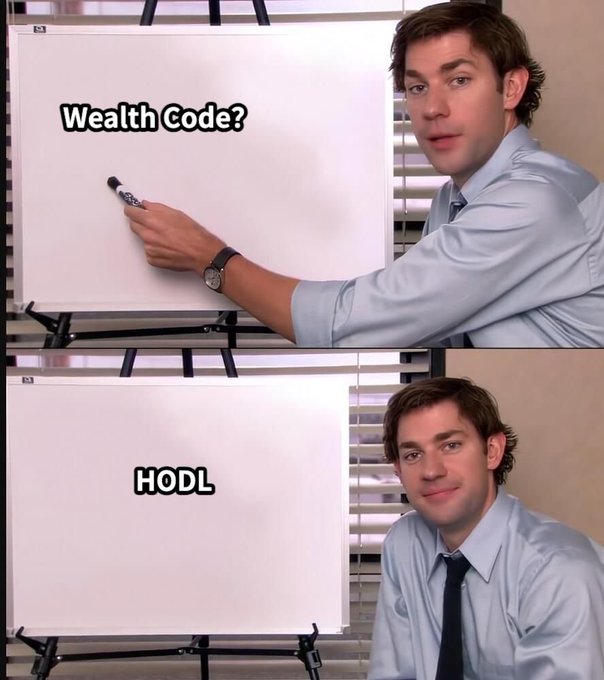 The image shows two men sitting next to a whiteboard, with one man pointing at the board while the other reads out "wealth code?". The first man is holding a marker over the board, suggesting that he might be discussing or explaining something related to Bitcoin or cryptocurrency. The second man's role in this scene could be to read out the wealth code or provide information about it. The image seems to be promoting an event or discussion on Bitcoin and its implications for wealth creation or investment opportunities.