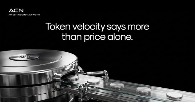 A sleek, metallic record player-like device with coins sliding along a conveyor belt against a black background, accompanied by the text "Token velocity says more than price alone." and the ACN (AI Tech Cloud Network) logo. The mechanical illustration visually reinforces the post's message about token velocity, depicting tokens in motion to symbolize the concept of currency circulation and exchange frequency rather than static pricing.