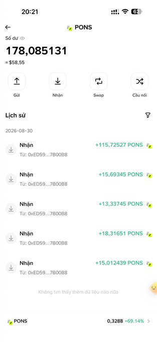 A screenshot of a Vietnamese-language crypto wallet displaying a balance of 178.085131 PONS (~$58.55), with transaction history showing multiple "Nhận" (Receive) entries from address 0xED59...7B00B8 dated 2026-08-30. The post caption "Received 178 $pons" directly corresponds to the 178.085131 PONS balance visible at the top of the wallet interface.