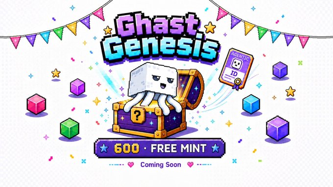 A pixel art promotional banner for "Ghast Genesis" featuring a cute ghost character emerging from a treasure chest, advertising "600 FREE MINT" with "Coming Soon" text, surrounded by colorful gem blocks and festive bunting. The image ties to the post by visually promoting the upcoming genesis NFT collection for the Ghast AI agentic economy project.