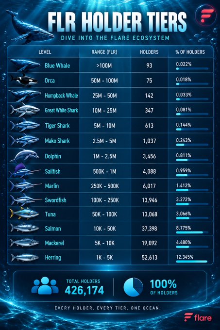 An infographic titled 'FLR HOLDER TIERS - DIVE INTO THE FLARE ECOSYSTEM' showing distribution tiers from Blue Whale (>100M) down to Herring (1K-5K), with a total of 426,174 holders.
