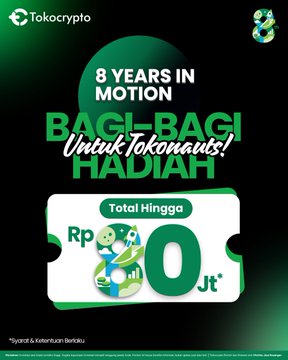 Tokocrypto's "8 Years in Motion" anniversary promotion graphic, featuring bold white and green text announcing "BAGI-BAGI HADIAH Untuk Tokonauts!" with a stylized Rp80 million prize voucher prominently displayed in the center against a black background with a green spotlight effect.
