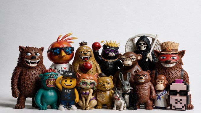 A collection of various collectible figurines and designer toys are displayed together, including characters labeled 'XRP', 'SLT', and 'FOMO', along with bears, monkeys, cats, and a grim reaper figure.