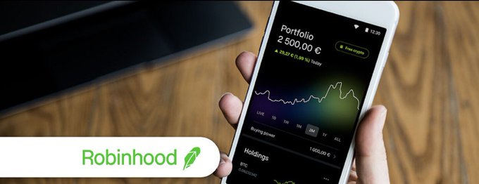A hand holds a smartphone displaying the Robinhood app showing a portfolio value of '2 500,00 €' and a line chart, with the Robinhood logo in the corner.