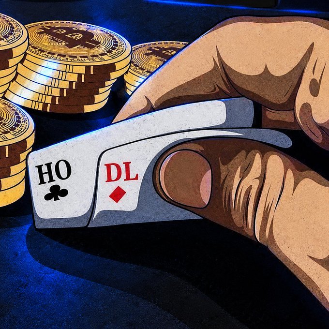 A stylized close-up shows a hand holding two playing cards—the club card labeled “HO” and the diamond card labeled “DL”—beside stacks of gold poker chips on a dark table. The image visually reinforces “u know what I mean” by depicting a recognizable poker/Gambling gesture.