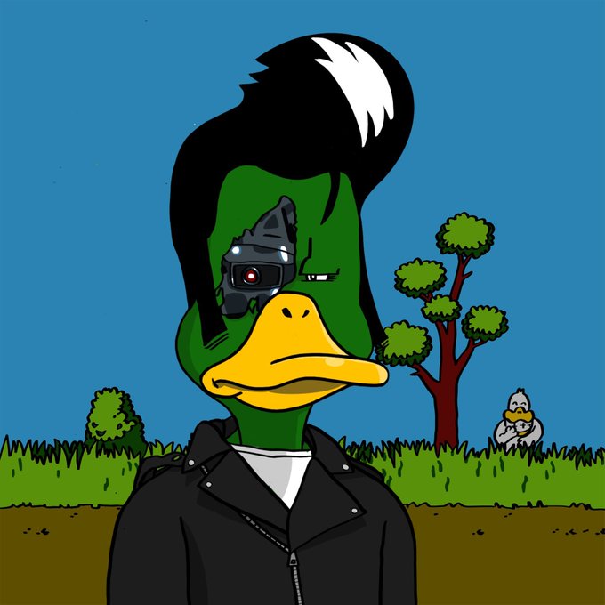 An anthropomorphic green duck with a black pompadour hairstyle and a cybernetic eye patch stands in a grassy field, while a smaller white duck (an "NoncoDucks NFT") peeks out from behind a tree in the background. The image humorously conveys the post's request for fans to "wake something up" by reviving engagement with the duck NFT collection.