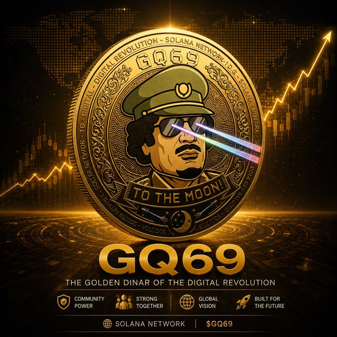 Promotional graphic for a cryptocurrency called "GQ69 - The Golden Dinar of the Digital Revolution" on the Solana Network, featuring a Muammar Gaddafi-style caricature with laser eyes on a gold coin.