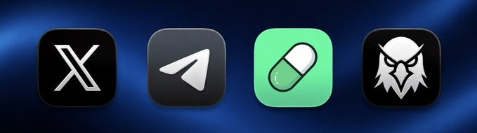 Four app icons are displayed side by side on a dark blue background: the X (formerly Twitter) logo, the Telegram paper plane icon, a green pill/capsule icon, and a hooded eagle/claw symbol. The image visually represents the post's claim of "The only 4 apps you need to get rich this year," though the apps shown are primarily social media/messaging platforms rather than financial or wealth-building tools.