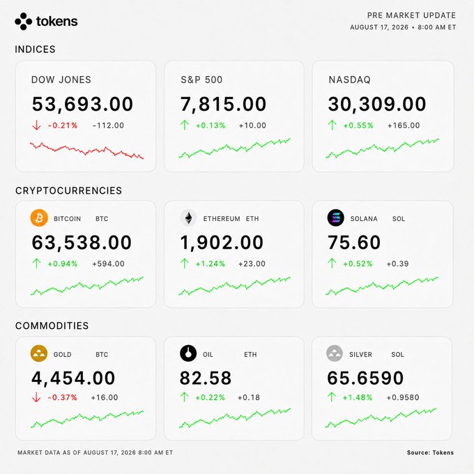 A financial market dashboard titled 'tokens' showing pre-market updates for indices (DOW JONES, S&P 500, NASDAQ), cryptocurrencies (BTC, ETH, SOL), and commodities (GOLD, OIL, SILVER) as of August 17, 2026.
