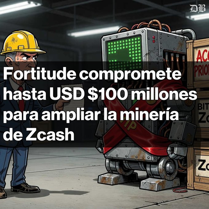 A cartoon-style graphic showing a frustrated man in a hard hat pointing at a broken mining machine wrapped with a red ribbon, with Spanish text 'Fortitude compromete hasta USD $100 millones para ampliar la minería de Zcash' and an 'MB' logo.