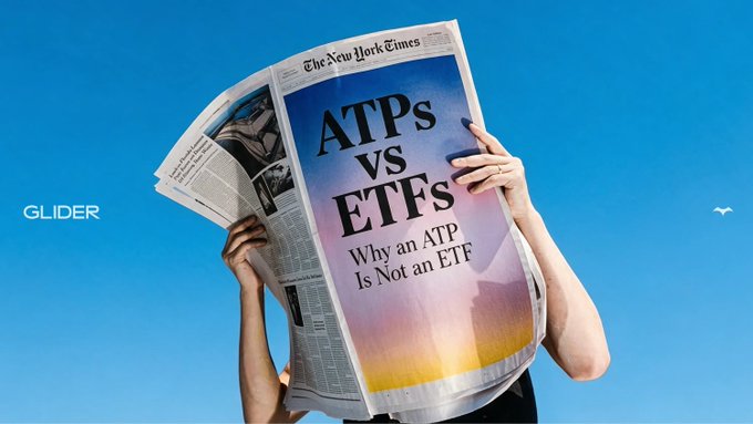 A person holds up a copy of The New York Times newspaper displaying "ATPs vs ETFs: Why an ATP Is Not an ETF" on the front page, with the Glider logo visible against a blue sky background. The image visually reinforces the post's message about the structural differences between Automated Token Portfolios (ATPs) and ETFs, emphasizing that holding an ETF only provides a tradable claim rather than direct ownership of underlying assets.